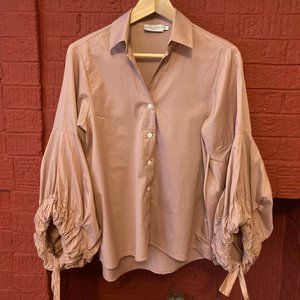 Harshman Womens Violetta Button Up Bow Balloon Sleeve Shirt Sz Medium Dusty Rose
